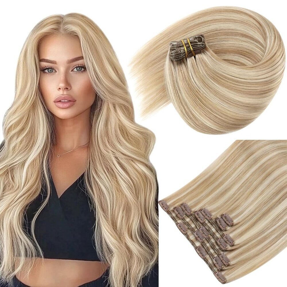 Clip in Hair Extensions Human Hair Straight 20 Inch Ash Blonde Highlights